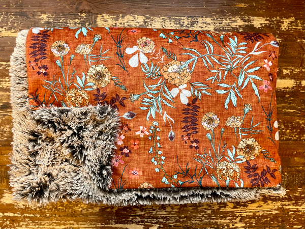 Adult Rust Orange Floral Minky Fur Blanket