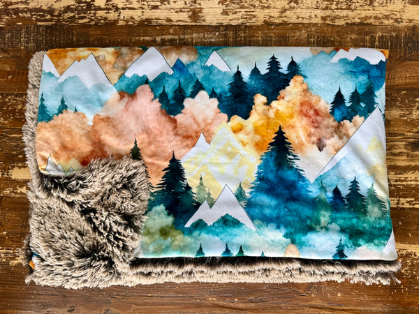 Adult Watercolor Mountains Minky Fur Blanket