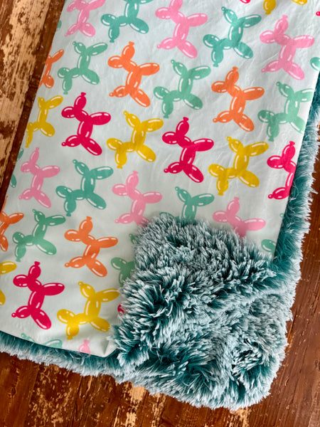 Adult Balloon Pup Party Minky Fur Blanket